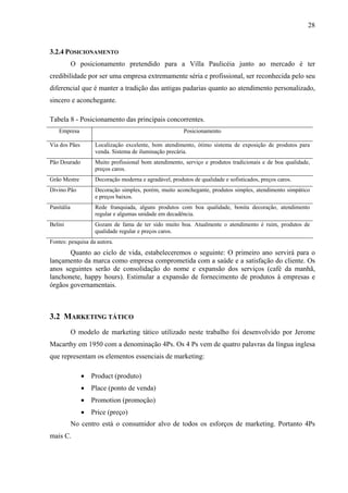 28
3.2.4 POSICIONAMENTO
O posicionamento pretendido para a Villa Paulicéia junto ao mercado é ter
credibilidade por ser uma empresa extremamente séria e profissional, ser reconhecida pelo seu
diferencial que é manter a tradição das antigas padarias quanto ao atendimento personalizado,
sincero e aconchegante.
Tabela 8 - Posicionamento das principais concorrentes.
Empresa Posicionamento
Via dos Pães Localização excelente, bom atendimento, ótimo sistema de exposição de produtos para
venda. Sistema de iluminação precária.
Pão Dourado Muito profissional bom atendimento, serviço e produtos tradicionais e de boa qualidade,
preços caros.
Grão Mestre Decoração moderna e agradável, produtos de qualidade e sofisticados, preços caros.
Divino Pão Decoração simples, porém, muito aconchegante, produtos simples, atendimento simpático
e preços baixos.
Panitália Rede franquiada, alguns produtos com boa qualidade, bonita decoração, atendimento
regular e algumas unidade em decadência.
Belini Gozam de fama de ter sido muito boa. Atualmente o atendimento é ruim, produtos de
qualidade regular e preços caros.
Fontes: pesquisa da autora.
Quanto ao ciclo de vida, estabeleceremos o seguinte: O primeiro ano servirá para o
lançamento da marca como empresa comprometida com a saúde e a satisfação do cliente. Os
anos seguintes serão de consolidação do nome e expansão dos serviços (café da manhã,
lanchonete, happy hours). Estimular a expansão de fornecimento de produtos à empresas e
órgãos governamentais.
3.2 MARKETING TÁTICO
O modelo de marketing tático utilizado neste trabalho foi desenvolvido por Jerome
Macarthy em 1950 com a denominação 4Ps. Os 4 Ps vem de quatro palavras da língua inglesa
que representam os elementos essenciais de marketing:
• Product (produto)
• Place (ponto de venda)
• Promotion (promoção)
• Price (preço)
No centro está o consumidor alvo de todos os esforços de marketing. Portanto 4Ps
mais C.
 