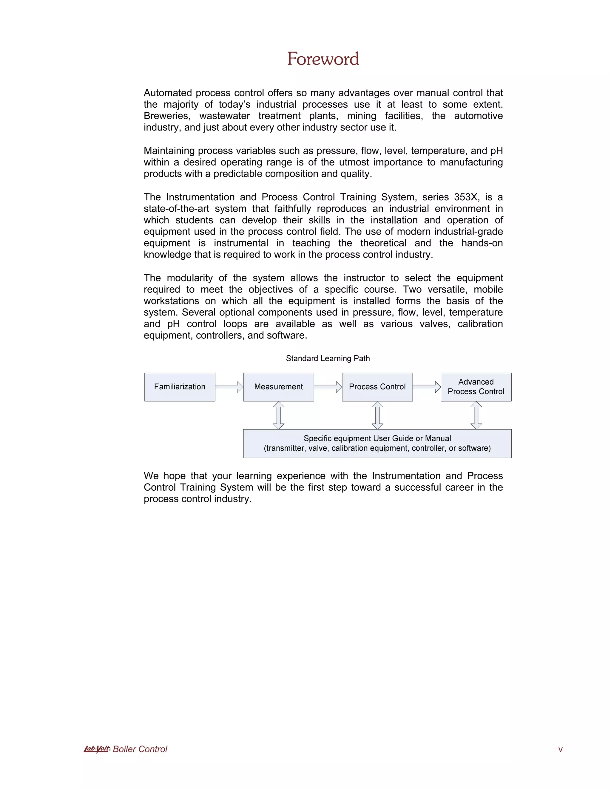 A Boiler Control v
Foreword
Automated process control offers so many advantages over manual control that
the majority of today’s industrial processes use it at least to some extent.
Breweries, wastewater treatment plants, mining facilities, the automotive
industry, and just about every other industry sector use it.
Maintaining process variables such as pressure, flow, level, temperature, and pH
within a desired operating range is of the utmost importance to manufacturing
products with a predictable composition and quality.
The Instrumentation and Process Control Training System, series 353X, is a
state-of-the-art system that faithfully reproduces an industrial environment in
which students can develop their skills in the installation and operation of
equipment used in the process control field. The use of modern industrial-grade
equipment is instrumental in teaching the theoretical and the hands-on
knowledge that is required to work in the process control industry.
The modularity of the system allows the instructor to select the equipment
required to meet the objectives of a specific course. Two versatile, mobile
workstations on which all the equipment is installed forms the basis of the
system. Several optional components used in pressure, flow, level, temperature
and pH control loops are available as well as various valves, calibration
equipment, controllers, and software.
We hope that your learning experience with the Instrumentation and Process
Control Training System will be the first step toward a successful career in the
process control industry.
 