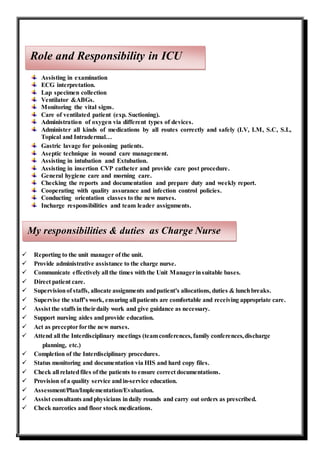 Assisting in examination
ECG interpretation.
Lap specimen collection
Ventilator &ABGs.
Monitoring the vital signs.
Care of ventilated patient (exp. Suctioning).
Administration of oxygen via different types of devices.
Administer all kinds of medications by all routes correctly and safely (I.V, I.M, S.C, S.L,
Topical and Intradermal…
Gastric lavage for poisoning patients.
Aseptic technique in wound care management.
Assisting in intubation and Extubation.
Assisting in insertion CVP catheter and provide care post procedure.
General hygiene care and morning care.
Checking the reports and documentation and prepare duty and weekly report.
Cooperating with quality assurance and infection control policies.
Conducting orientation classes to the new nurses.
Incharge responsibilities and team leader assignments.
 Reporting to the unit manager of the unit.
 Provide administrative assistance to the charge nurse.
 Communicate effectively all the times withthe Unit Managerinsuitable bases.
 Direct patient care.
 Supervisionof staffs, allocate assignments andpatient's allocations, duties & lunchbreaks.
 Supervise the staff’s work, ensuring all patients are comfortable and receiving appropriate care.
 Assist the staffs intheirdaily work and give guidance as necessary.
 Support nursing aides andprovide education.
 Act as preceptorforthe new nurses.
 Attend all the Interdisciplinary meetings (teamconferences, family conferences,discharge
planning, etc.)
 Completion of the Interdisciplinary procedures.
 Status monitoring and documentation via HIS and hard copy files.
 Check all relatedfiles of the patients to ensure correct documentations.
 Provision of a quality service andin-service education.
 Assessment/Plan/Implementation/Evaluation.
 Assist consultants andphysicians indaily rounds and carry out orders as prescribed.
 Check narcotics and floor stock medications.
Role and Responsibility in ICU
My responsibilities & duties as Charge Nurse
 