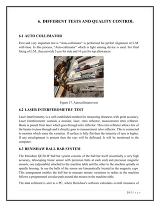 14 | P a g e
6. DIFFERENT TESTS AND QUALITY CONTROL
6.1 AUTO COLLIMATOR
First and very important test is “Auto-collimator” is performed for perfect alignment of L.M.
with base. In this process, “Auto-collimator” which is light sensing device is used. For final
fixing of L.M., they provide 5 µm for side and 10 µm for top allowances.
Figure 17. Autocollimator test
6.2 LASER INTERFEROMETRY TEST
Laser interferometry is a well-established method for measuring distances with great accuracy.
Laser Interferometer contains a monitor, laser, retro reflector, measurement retro reflector.
Beam is passed from laser which goes through retro reflector. This retro reflector allows few of
the beams to pass through and it directly goes to measurement retro reflector. This is connected
to monitor which some the variation. If surface is fully flat then the intensity of rays is higher.
If any misalignment is present then the rays will be deflected. It will be monitored in the
computer.
6.3 RENISHAW BALL BAR SYSTEM
The Renishaw QC20-W ball bar system consists of the ball bar itself (essentially a very high
accuracy, telescoping linear sensor with precision balls at each end) and precision magnetic
mounts, one (adjustable) attached to the machine table and the other to the machine spindle or
spindle housing. In use the balls of the sensor are kinematically located in the magnetic cups.
This arrangement enables the ball bar to measure minute variations in radius as the machine
follows a programmed circular path around the mount on the machine table.
The data collected is sent to a PC, where Renishaw's software calculates overall measures of
 