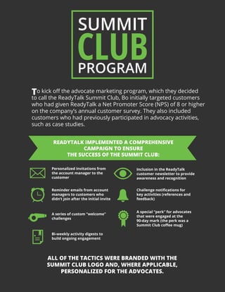 SUMMIT
CLUBPROGRAM
To kick off the advocate marketing program, which they decided
to call the ReadyTalk Summit Club, Bo in...