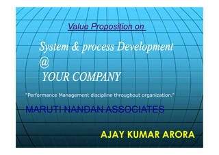 Value Proposition on
AJAY KUMAR ARORAAJAY KUMAR ARORA
“Performance Management discipline throughout organization.”
MARUTI NANDAN ASSOCIATES
 
