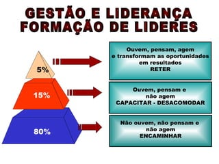 Não ouvem, não pensam e  não agem ENCAMINHAR Ouvem, pensam e  não agem CAPACITAR - DESACOMODAR Ouvem, pensam, agem e transformam as oportunidades em resultados RETER 80% 15% 5% GESTÃO E LIDERANÇA FORMAÇÃO DE LIDERES 