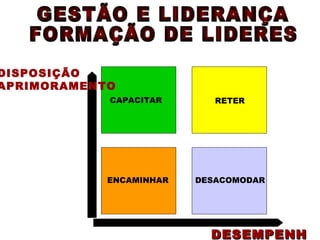 DESEMPENHO DISPOSIÇÃO APRIMORAMENTO CAPACITAR RETER ENCAMINHAR DESACOMODAR GESTÃO E LIDERANÇA FORMAÇÃO DE LIDERES 