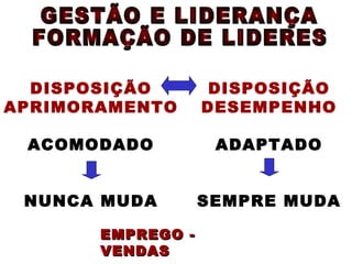 DISPOSIÇÃO APRIMORAMENTO ACOMODADO NUNCA MUDA GESTÃO E LIDERANÇA FORMAÇÃO DE LIDERES DISPOSIÇÃO DESEMPENHO ADAPTADO SEMPRE MUDA EMPREGO - VENDAS 