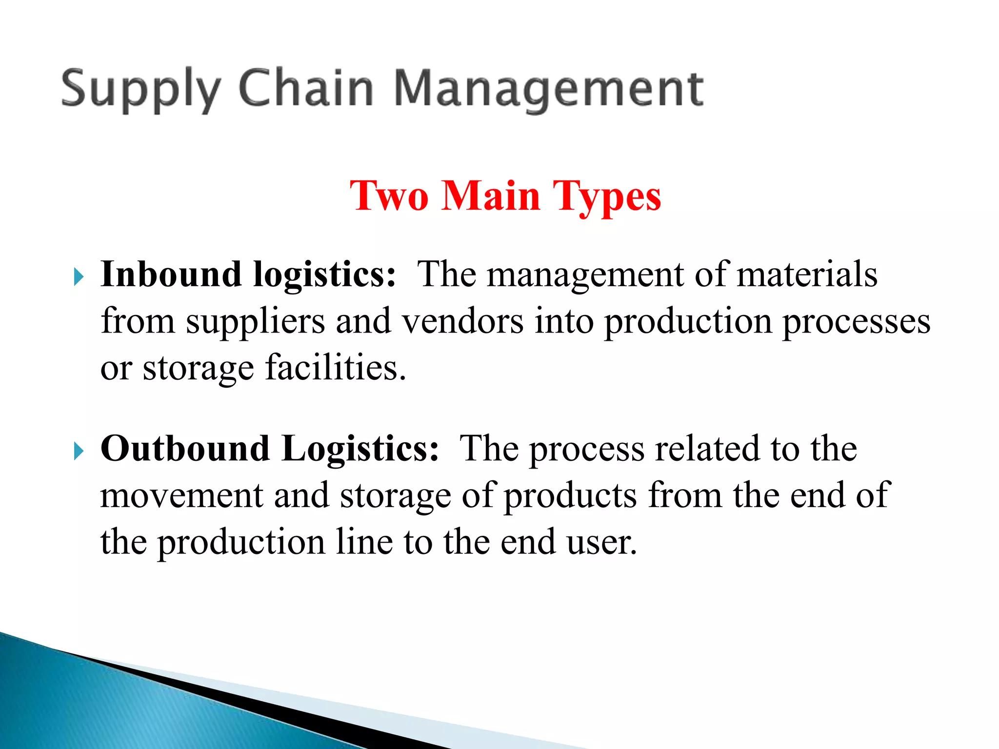 Two Main Types
 Inbound logistics: The management of materials
from suppliers and vendors into production processes
or storage facilities.
 Outbound Logistics: The process related to the
movement and storage of products from the end of
the production line to the end user.
 