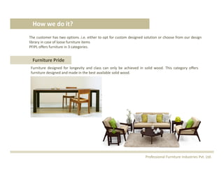 The customer has two options .i.e. either to opt for custom designed solution or choose from our design
library in case of loose furniture items
PFIPL offers furniture in 3 categories.
How we do it?
Furniture Pride
Furniture designed for longevity and class can only be achieved in solid wood. This category offers
furniture designed and made in the best available solid wood.
Professional Furniture Industries Pvt. Ltd.
 