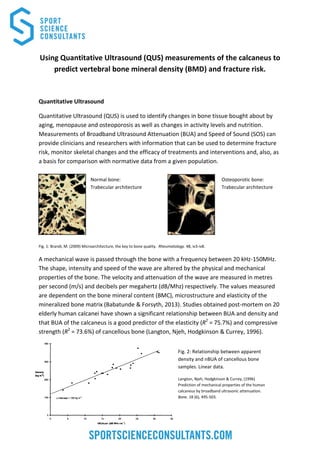 Using Quantitative Ultrasound (QUS) measurements of the calcaneus to
predict vertebral bone mineral density (BMD) and fracture risk.
Quantitative Ultrasound
Quantitative Ultrasound (QUS) is used to identify changes in bone tissue bought about by
aging, menopause and osteoporosis as well as changes in activity levels and nutrition.
Measurements of Broadband Ultrasound Attenuation (BUA) and Speed of Sound (SOS) can
provide clinicians and researchers with information that can be used to determine fracture
risk, monitor skeletal changes and the efficacy of treatments and interventions and, also, as
a basis for comparison with normative data from a given population.
Fig. 1: Brandi, M. (2009) Microarchitecture, the key to bone quality. Rheumatology. 48, iv3-iv8.
A mechanical wave is passed through the bone with a frequency between 20 kHz-150MHz.
The shape, intensity and speed of the wave are altered by the physical and mechanical
properties of the bone. The velocity and attenuation of the wave are measured in metres
per second (m/s) and decibels per megahertz (dB/Mhz) respectively. The values measured
are dependent on the bone mineral content (BMC), microstructure and elasticity of the
mineralized bone matrix (Babatunde & Forsyth, 2013). Studies obtained post-mortem on 20
elderly human calcanei have shown a significant relationship between BUA and density and
that BUA of the calcaneus is a good predictor of the elasticity (R2
= 75.7%) and compressive
strength (R2
= 73.6%) of cancellous bone (Langton, Njeh, Hodgkinson & Currey, 1996).
Normal bone:
Trabecular architecture
Osteoporotic bone:
Trabecular architecture
Fig. 2: Relationship between apparent
density and nBUA of cancellous bone
samples. Linear data.
Langton, Njeh, Hodgkinson & Currey, (1996)
Prediction of mechanical properties of the human
calcaneus by broadband ultrasonic attenuation.
Bone. 18 (6), 495-503.
 