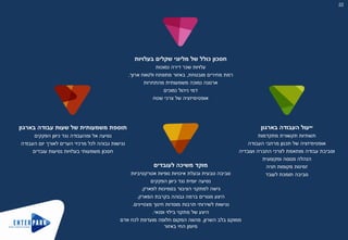 22
‫לעובדים‬ ‫משיכה‬ ‫מוקד‬
‫אטרקטיביות‬ ‫נופיות‬ ‫איכויות‬ ‫ובעלת‬ ‫טבעית‬ ‫סביבה‬
‫הפקקים‬ ‫כיוון‬ ‫נגד‬ ‫יומית‬ ‫נסיעה‬
‫לפארק‬ ‫בסמיכות‬ ‫הציבור‬ ‫למתקני‬ ‫גישה‬.
‫הפארק‬ ‫בקרבת‬ ‫גבוהה‬ ‫ברמה‬ ‫מגורים‬ ‫היצע‬.
‫מצטיינים‬ ‫חינוך‬ ‫מוסדות‬ ‫תרבות‬ ‫לשירותי‬ ‫נגישות‬.
‫ופנאי‬ ‫בילוי‬ ‫מתקני‬ ‫של‬ ‫היצע‬.
‫השרון‬ ‫בלב‬ ‫ממוקם‬,‫אדם‬ ‫לכח‬ ‫מועדפת‬ ‫חלופה‬ ‫המקום‬ ‫מהווה‬
‫באזור‬ ‫החי‬ ‫מיומן‬
‫בארגון‬ ‫העבודה‬ ‫ייעול‬
‫מתקדמות‬ ‫תקשורת‬ ‫תשתיות‬
‫העבודה‬ ‫מרחבי‬ ‫תכנון‬ ‫של‬ ‫אופטימיזציה‬
‫ועובדיה‬ ‫החברה‬ ‫לצרכי‬ ‫מותאמת‬ ‫עבודה‬ ‫וסביבת‬
‫ומקצועית‬ ‫מנוסה‬ ‫הנהלה‬
‫חניה‬ ‫מקומות‬ ‫זמינות‬
‫לעובד‬ ‫תומכת‬ ‫סביבה‬
‫בארגון‬ ‫עבודה‬ ‫שעות‬ ‫של‬ ‫משמעותית‬ ‫תוספת‬
‫הפקקים‬ ‫כיוון‬ ‫נגד‬ ‫ומהעבודה‬ ‫אל‬ ‫נסיעה‬
‫העבודה‬ ‫יום‬ ‫לאורך‬ ‫הערים‬ ‫מרכזי‬ ‫לכל‬ ‫גבוהה‬ ‫נגישות‬
‫עובדים‬ ‫נסיעות‬ ‫בעלויות‬ ‫משמעותי‬ ‫חסכון‬
‫בעלויות‬ ‫שקלים‬ ‫מליוני‬ ‫של‬ ‫כולל‬ ‫חסכון‬
‫נמוכות‬ ‫דירה‬ ‫שכר‬ ‫עלויות‬
‫מובטחת‬ ‫מחירים‬ ‫רמת‬,‫ארוך‬ ‫ולטווח‬ ‫מתפתח‬ ‫באזור‬.
‫מהתחרות‬ ‫משמעותית‬ ‫נמוכה‬ ‫ארנונה‬
‫נמוכים‬ ‫ניהול‬ ‫דמי‬
‫שטח‬ ‫צרכי‬ ‫של‬ ‫אופטימיזציה‬
 