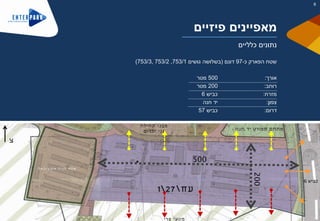 200
500
‫י‬‫ל‬‫א‬‫נ‬‫ו‬‫י‬‫צ‬‫פ‬‫ו‬‫א‬ ‫ה‬‫י‬‫נ‬‫ח‬ ‫ח‬‫ט‬‫ש‬
‫פרי‬ ‫מטעי‬
‫כביש‬6
‫חנה‬ ‫יד‬ ‫פורט‬‫ס‬ ‫ם‬‫מתח‬
‫קהילה‬ ‫מבני‬
‫ילדים‬ ‫גני‬
‫כ‬ ‫הפארק‬ ‫שטח‬-97‫דונם‬(‫גושים‬ ‫בשלושה‬753/1,753/2,753/3)
‫אורך‬:500‫מטר‬
‫רוחב‬:200‫מטר‬
‫מזרח‬:‫כביש‬6
‫צפון‬:‫חנה‬ ‫יד‬
‫דרום‬:‫כביש‬57
‫פיזיים‬ ‫מאפיינים‬
‫כלליים‬ ‫נתונים‬
‫צ‬
8
 
