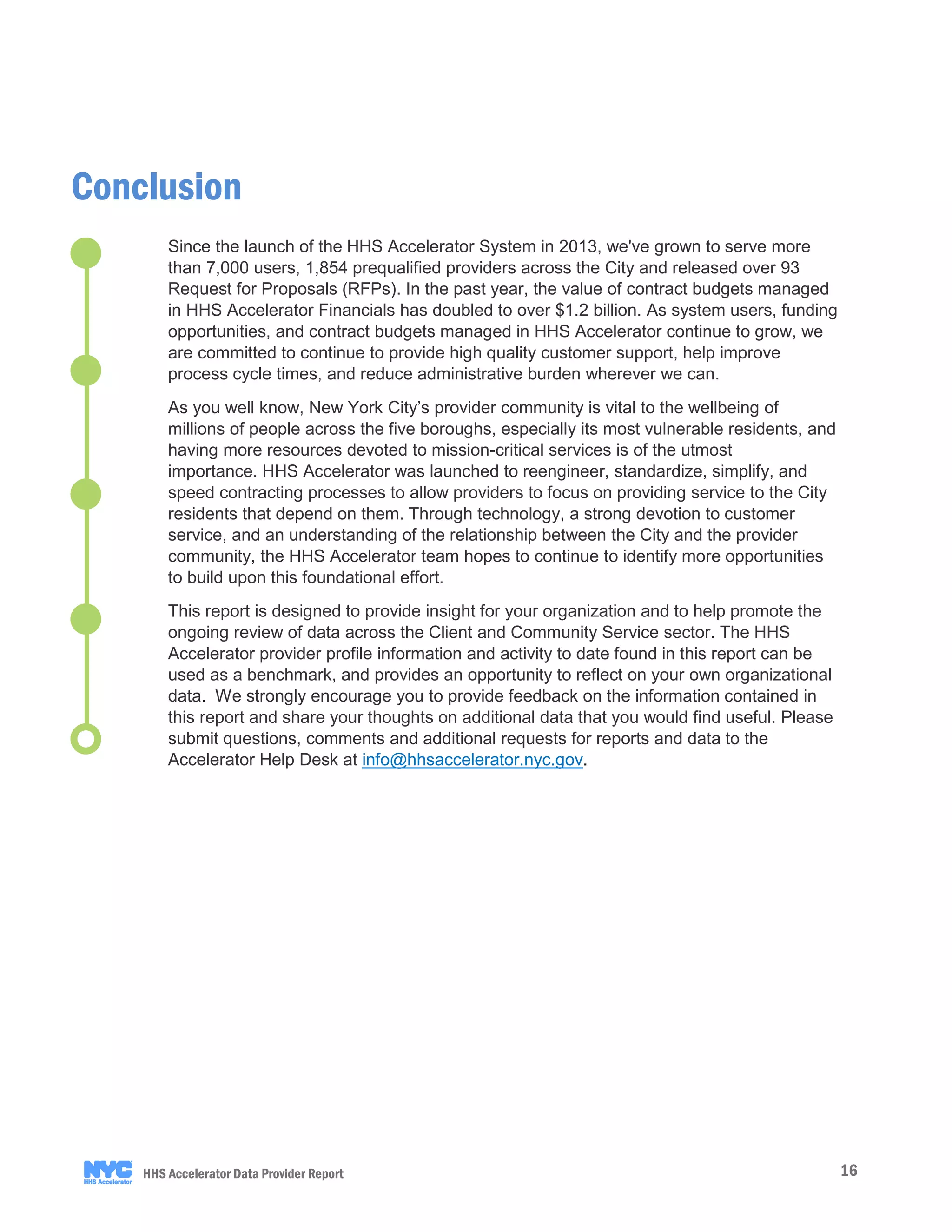 16HHS Accelerator Data Provider Report
Conclusion
Since the launch of the HHS Accelerator System in 2013, we've grown to serve more
than 7,000 users, 1,854 prequalified providers across the City and released over 93
Request for Proposals (RFPs). In the past year, the value of contract budgets managed
in HHS Accelerator Financials has doubled to over $1.2 billion. As system users, funding
opportunities, and contract budgets managed in HHS Accelerator continue to grow, we
are committed to continue to provide high quality customer support, help improve
process cycle times, and reduce administrative burden wherever we can.
As you well know, New York City’s provider community is vital to the wellbeing of
millions of people across the five boroughs, especially its most vulnerable residents, and
having more resources devoted to mission-critical services is of the utmost
importance. HHS Accelerator was launched to reengineer, standardize, simplify, and
speed contracting processes to allow providers to focus on providing service to the City
residents that depend on them. Through technology, a strong devotion to customer
service, and an understanding of the relationship between the City and the provider
community, the HHS Accelerator team hopes to continue to identify more opportunities
to build upon this foundational effort.
This report is designed to provide insight for your organization and to help promote the
ongoing review of data across the Client and Community Service sector. The HHS
Accelerator provider profile information and activity to date found in this report can be
used as a benchmark, and provides an opportunity to reflect on your own organizational
data. We strongly encourage you to provide feedback on the information contained in
this report and share your thoughts on additional data that you would find useful. Please
submit questions, comments and additional requests for reports and data to the
Accelerator Help Desk at info@hhsaccelerator.nyc.gov.
 