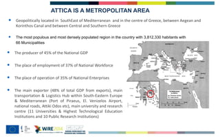 ATTICA IS A METROPOLITAN AREA
• The producer of 45% of the National GDP
• The place of employment of 37% of National Workforce
• The place of operation of 35% of National Enterprises
• The main exporter (48% of total GDP from exports), main
transportation & Logistics Hub within South-Eastern Europe
& Mediterranean (Port of Piraeus, El. Venizelos Airport,
national roads, Attiki Odos etc), main university and research
centre (11 Universities & Highest Technological Education
Institutions and 10 Public Research Institutions)
• Geopolitically located in SouthEast of Mediterranean and in the centre of Greece, between Aegean and
Korinthos Canal and between Central and Southern Greece
• The most populous and most densely populated region in the country with 3,812,330 habitants with
66 Municipalities
 