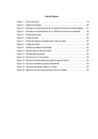 Lista de Figuras
−Figura 1 Árvore de busca. . . . . . . . . . . . . . . . . . . . . . . . . . . . . . . . . . . . . . . . . . . . . . . . . . . . . . . . . 19
−Figura 2 Espaço de estados. . . . . . . . . . . . . . . . . . . . . . . . . . . . . . . . . . . . . . . . . . . . . . . . . . . . . . 20
−Figura 3 Exemplo do comportamento de um algoritmo de busca em profundidade. 21
−Figura 4 Exemplo do comportamento de um algoritmo de busca em amplitude. . . . 23
−Figura 5 O jogo Chaturanga. . . . . . . . . . . . . . . . . . . . . . . . . . . . . . . . . . . . . . . . . . . . . . . . . . . . . . . 25
−Figura 6 O jogo da velha. . . . . . . . . . . . . . . . . . . . . . . . . . . . . . . . . . . . . . . . . . . . . . . . . . . . . . . . . . 26
−Figura 7 Porção do espaço de estados para o jogo da velha. . . . . . . . . . . . . . . . . . . . . . . 27
−Figura 8 O jogo de xadrez. . . . . . . . . . . . . . . . . . . . . . . . . . . . . . . . . . . . . . . . . . . . . . . . . . . . . . . . 28
−Figura 9 Interface do Adobe Flash Builder. . . . . . . . . . . . . . . . . . . . . . . . . . . . . . . . . . . . . . . . . 30
−Figura 10 Selecionando um tipo de projeto. . . . . . . . . . . . . . . . . . . . . . . . . . . . . . . . . . . . . . . . . 32
−Figura 11 Conﬁguração do projeto. . . . . . . . . . . . . . . . . . . . . . . . . . . . . . . . . . . . . . . . . . . . . . . . . . 33
−Figura 12 Estrutura de um novo projeto. . . . . . . . . . . . . . . . . . . . . . . . . . . . . . . . . . . . . . . . . . . . . 33
−Figura 13 Estrutura ﬁnal das pastas do projeto do jogo de xadrez. . . . . . . . . . . . . . . . . . . 34
−Figura 14 Estrutura completa da pasta componentes. . . . . . . . . . . . . . . . . . . . . . . . . . . . . . . 34
−Figura 15 Estrutura das pastas “objetos” e “robos”. . . . . . . . . . . . . . . . . . . . . . . . . . . . . . . . . . 35
−Figura 16 Algoritmo recursivo base da busca em profundidade. . . . . . . . . . . . . . . . . . . . . 35
 