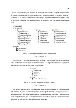34
será lida posteriormente pelo algoritmo de busca em profundidade. Na pasta “regras” estão
às classes com as lógicas de movimentação para cada tipo de peca e na pasta “validacao”
encontram-se as classes que fazem as validações que testam se uma determinada peça pode
ou não mover. Na pasta “view“ estão interfaces, do tabuleiro e uma interface genérica para as
peça.
Figura 14: Estrutura completa da pasta componentes.
Fonte: Primária (2011)
Na ilustração 15 são detalhadas as pastas, “objetos” e “robos” sendo que na primeira pasta
estão os objetos auxiliares no desenvolvimento projeto e na segunda está a classe que contem
o algoritmo de busca em profundidade implementado.
Figura 15: Estrutura das pastas “objetos” e “robos”.
Fonte: Primária (2011)
Na classe “RoboBuscaEmProfundidade.as” que pode ser visualizada na imagem 15 está
todo o código de busca e validação da árvore, ou espaço de estados, gerado pelo programa.
A ﬁgura 16 mostra uma parte deste código de validação e busca, está parte é o algoritmo de
busca em profundidade, que é um algoritmo de recursividade, ou seja, ele executa ele mesmo
até chegar ao ﬁnal da árvore, e então seguir por outro nível.
 
