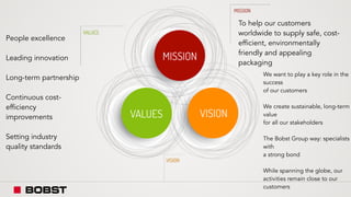 To help our customers
worldwide to supply safe, cost-
efficient, environmentally
friendly and appealing
packaging
We want to play a key role in the
success 
of our customers 
We create sustainable, long-term
value 
for all our stakeholders 
The Bobst Group way: specialists
with 
a strong bond 
While spanning the globe, our
activities remain close to our
customers
People excellence
 
Leading innovation
 
Long-term partnership
Continuous cost-
efficiency
improvements
Setting industry
quality standards
 