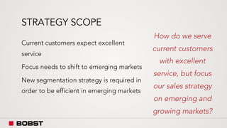 STRATEGY SCOPE
Current customers expect excellent
service
Focus needs to shift to emerging markets
New segmentation strategy is required in
order to be efficient in emerging markets
How do we serve
current customers
with excellent
service, but focus
our sales strategy
on emerging and
growing markets?
 