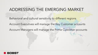 ADDRESSING THE EMERGING MARKET
Behavioral and cultural sensitivity to different regions
Account Executives will manage the Key Customer accounts
Account Managers will manage the Prime Customer accounts
 