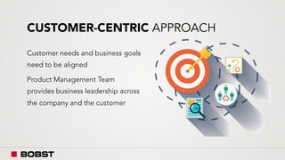 CUSTOMER-CENTRIC APPROACH
Customer needs and business goals
need to be aligned
Product Management Team
provides business leadership across
the company and the customer
 