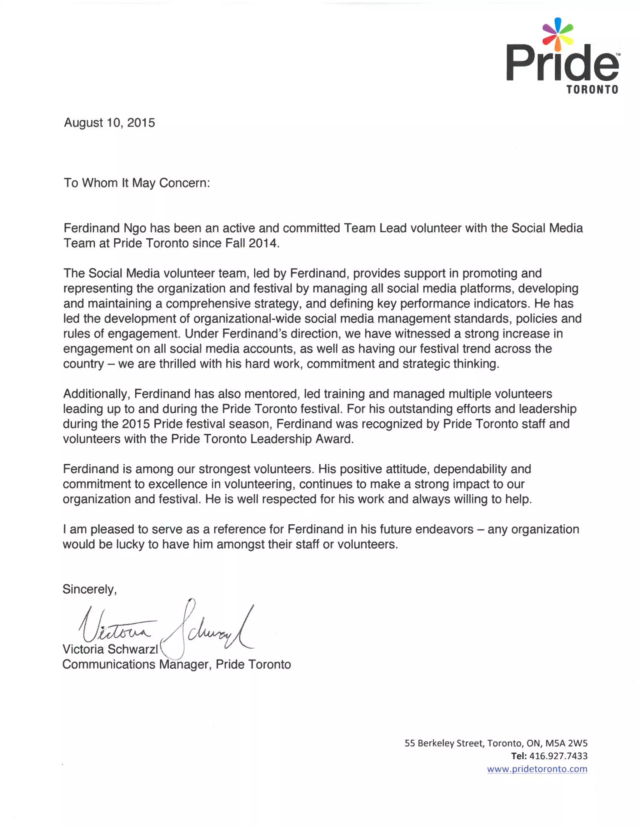 2015 Pride Toronto - Reference Letter, Ferdinand Ngo