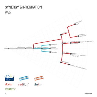 PHENOL
Cyclohexanone Caprolactam PA6 Polymer Engineering
Plastics
Compounds
Polymers
for extrusion
Copolymers
Warping and Draw-warping
Nonwovens
Stitch Bonded
Textured or Twisted Monoﬁlaments
Monoﬁlaments
Textured Yarns
poy, loy, fdy
Staple Fibre
Textile Yarns
BCF Yarns
BCF Yarns
solution-dyed, space-dyedand heat-set
Semi-worsted
Yarns
16 RadiciGroup
synergy&integration
pa6
®
 