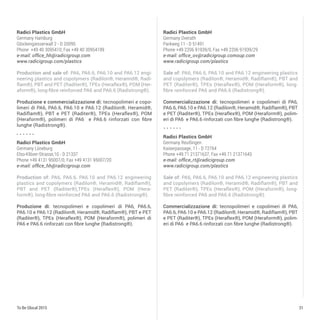 31To Be Glocal 2015
Radici Plastics GmbH
Germany Hamburg
Glockengiesserwall 2 - D 20095
Phone +49 40 3095410, Fax +49 40 30954199
e-mail: office_hh@radicigroup.com
www.radicigroup.com/plastics
Production and sale of: PA6, PA6.6, PA6.10 and PA6.12 engi-
neering plastics and copolymers (Radilon®, Heramid®, Radi-
flam®), PBT and PET (Raditer®), TPEs (Heraflex®), POM (Her-
aform®), long-fibre reinforced PA6 and PA6.6 (Radistrong®).
Produzione e commercializzazione di: tecnopolimeri e copo-
limeri di PA6, PA6.6, PA6.10 e PA6.12 (Radilon®, Heramid®,
Radiflam®), PBT e PET (Raditer®), TPEs (Heraflex®), POM
(Heraform®), polimeri di PA6 e PA6.6 rinforzati con fibre
lunghe (Radistrong®).
Radici Plastics GmbH
Germany Lüneburg
Elso-Klöver-Strasse,10 - D 21337
Phone +49 4131 95007/0, Fax +49 4131 95007/20
e-mail: office_hh@radicigroup.com
Production of: PA6, PA6.6, PA6.10 and PA6.12 engineering
plastics and copolymers (Radilon®, Heramid®, Radiflam®),
PBT and PET (Raditer®),TPEs (Heraflex®), POM (Hera-
form®), long-fibre reinforced PA6 and PA6.6 (Radistrong®).
Produzione di: tecnopolimeri e copolimeri di PA6, PA6.6,
PA6.10 e PA6.12 (Radilon®, Heramid®, Radiflam®), PBT e PET
(Raditer®), TPEs (Heraflex®), POM (Heraform®), polimeri di
PA6 e PA6.6 rinforzati con fibre lunghe (Radistrong®).
Radici Plastics GmbH
Germany Overath
Parkweg 11 - D 51491
Phone +49 2206 91939/0, Fax +49 2206 91939/29
e-mail: office_ov@radicigroup.comoup.com
www.radicigroup.com/plastics
Sale of: PA6, PA6.6, PA6.10 and PA6.12 engineering plastics
and copolymers (Radilon®, Heramid®, Radiflam®), PBT and
PET (Raditer®), TPEs (Heraflex®), POM (Heraform®), long-
fibre reinforced PA6 and PA6.6 (Radistrong®).
Commercializzazione di: tecnopolimeri e copolimeri di PA6,
PA6.6, PA6.10 e PA6.12 (Radilon®, Heramid®, Radiflam®), PBT
e PET (Raditer®), TPEs (Heraflex®), POM (Heraform®), polim-
eri di PA6 e PA6.6 rinforzati con fibre lunghe (Radistrong®).
Radici Plastics GmbH
Germany Reutlingen
Kaiserpassage, 11 - D 72764
Phone +49 71 21371637, Fax +49 71 21371643
e-mail: office_rt@radicigroup.com
www.radicigroup.com/plastics
Sale of: PA6, PA6.6, PA6.10 and PA6.12 engineering plastics
and copolymers (Radilon®, Heramid®, Radiflam®), PBT and
PET (Raditer®), TPEs (Heraflex®), POM (Heraform®), long-
fibre reinforced PA6 and PA6.6 (Radistrong®).
Commercializzazione di: tecnopolimeri e copolimeri di PA6,
PA6.6, PA6.10 e PA6.12 (Radilon®, Heramid®, Radiflam®), PBT
e PET (Raditer®), TPEs (Heraflex®), POM (Heraform®), polim-
eri di PA6 e PA6.6 rinforzati con fibre lunghe (Radistrong®).
 