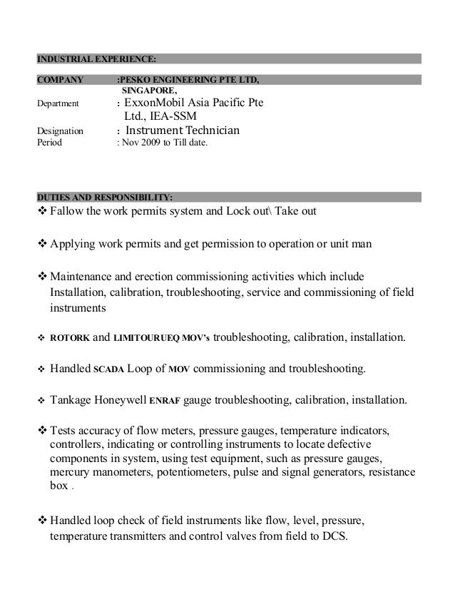 resume format for instrument technician pandi resume instrument technician resume format for instrument technician pandi resume instrument technician