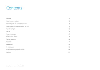 2Global Powers of Consumer Products 2015
Contents
Welcome	1
Global economic outlook	 2
Connecting with the connected consumer	 6
Global Powers of Consumer Products Top 250	 10
Top 250 highlights	 23
Top 10	 25
Geographic analysis	 27
Product sector analysis	 35
Top 250 newcomers	 46
Fastest 50	 47
M&A activity	 50
Q ratio analysis	 59
Study methodology and data sources	 66
Contacts	67
 