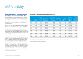 50Global Powers of Consumer Products 2015
MA activity
MA deal volume in consumer products
industry on track to set record in 2014
The consumer products industry experienced another strong year
of merger and acquisition activity in 2014 that likely will rival or
exceed 2013 deal volume once all activity is accounted for. Since
bottoming out in 2009, the number of deals has picked up every
year, with 1,421 total deals completed by consumer products
companies in 2013.
In 2014, 1,295 deals had been reported as of the end of February
2015. However, completed deal trends tend to lag actual MA
activity levels as it can take up to six months for completed deals
to be formally reported. As more deals are accounted for and
the historical data continues to be updated, the trend line will be
revised upward, especially in more recent quarters and for 2014 as
a whole. Based on the numbers to date, 2014 is on track to reach
or surpass 2013’s deal volume.
Unlike deal volume, however, deal values have trended down
since 2009—that is until 2013 when the average value rebounded
sharply. The decline in deal values through 2012 may be account-
ed for, at least in part, by bargain hunting opportunities coming
out of the global economic slowdown that allowed companies
to pick up assets at distressed prices. In 2013, deal values were
disclosed for 694 transactions, or nearly half the completed deals
reported. With a total deal value for these transactions of almost
$223 billion, the average value was $321 million. While still down
from $380 million in 2009, average deal value was up nearly 40
percent from 2012. Based on preliminary results for 2014, the
average value of reported deals was $296 million and subject to
revision as the data is updated.
Results reflect deals completed during the calendar year by consumer products companies; acquired companies may be in any industry
* Results for 2014 are preliminary and subject to upward revision
Source: mergermarket.com; accessed February 28, 2015
Year
Total
# deals
# deals
with
disclosed
value
Total value of
disclosed-value
deals (US$mil)
Average value
of disclosed-
value deals
(US$ mil)
# deals with
undisclosed
value
# deals
with value
$100+ mil
Total value
of deals
$100+ mil
(US$mil)
Average
value
of deals
$100+ mil
(US$mil)
2014* 1295 612 $181,219 $296 683 194 $169,831 $875
2013 1421 694 $222,590 $321 727 228 $208,358 $914
2012 1320 636 $147,096 $231 684 205 $133,999 $654
2011 1281 687 $163,856 $239 594 217 $149,348 $688
2010 1123 585 $177,845 $304 538 184 $164,478 $894
2009 964 479 $182,203 $380 485 125 $172,100 $1,377
2008 1255 703 $253,989 $361 552 211 $238,644 $1,131
2007 1360 855 $221,662 $259 505 261 $204,229 $782
2006 1319 831 $137,068 $165 488 204 $118,929 $583
2005 1116 696 $204,459 $294 420 195 $190,425 $977
MA activity in the consumer products industry, 2005-2014*
 