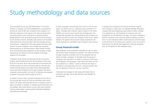 66Global Powers of Consumer Products 2015
Study methodology and data sources
To be considered for the Top 250 Global Powers of Consumer
Products, a company must first be designated as a manufacturer
(primary SIC code 20-39). Each company is then analyzed in an
attempt to determine if the majority of its sales are derived from
consumer products versus commercial or industrial products.
Broadly defined, these are products produced for and purchased
by the ultimate consumer. Generally, these products are marketed
under well-known consumer brands. We have excluded contract
manufacturers—organizations that make products primarily under
contract for other companies—and included only companies
whose brands are on the final products. Motor vehicle manufac-
turers and pharmaceutical companies are also excluded, as these
industries are not relevant to the vast majority of the target
audience for this analysis.
Companies whose primary business was the sale of consumer
products were included among the Top 250 based on their total
fiscal 2013 net sales, which may include sales of commercial and
industrial products as well as consumer products. Net sales also
include licensing revenue and royalty income where applicable.
Excise taxes were excluded from the sales of tobacco and drinks
companies where possible. Our fiscal 2013 definition encompasses
companies’ fiscal years ended through June 2014.
A number of sources were consulted to develop the Top 250 list.
The principal data sources for financial information were annual
reports, SEC filings, and information found in companies’ press re-
leases, fact sheets, or websites. If company-issued information was
not available, other public-domain sources were used, including
industry analyst reports, various business information databases,
and trade journal estimates.
In order to provide a common base from which to rank the com-
panies, net sales for non-U.S. companies were converted to U.S.
dollars. Exchange rates, therefore, have an impact on the results.
OANDA.com was the source used for the exchange rates. The
average daily exchange rate corresponding to each company’s fis-
cal year was used to convert that company’s results to U.S. dollars.
However, the growth rates and profit margin reported for indi-
vidual companies are calculated in each company’s local currency.
Group financial results
Sales-weighted, currency-adjusted composites are used to report
the financial results of groups of companies. This means the results
of larger companies contribute more to the composite than do
results of smaller companies. To calculate results for groups of
companies that may report in a variety of currencies, and to facili-
tate comparison among groups, it also means that data must first
be converted to U.S. dollars. In order to eliminate the impact of
fluctuations in exchange rates over time, composite growth rates
also are adjusted to correct for currency movement.
Composites and averages for each group were based only on
companies with data. Not all data elements were available for
all companies.
It should also be noted that the financial information used for
each company in a given year is as originally reported. Although a
company may have restated prior-year results to reflect a change
in its operations (e.g., the divestiture of a business unit), such
restatements are not reflected in this data. This study is intended to
provide a snapshot of the consumer products industry at a point in
time. It is also intended to reflect market dynamics and their impact
on the structure of the industry over a period of time. As a result of
these factors, the growth rates reported for individual companies
may not correspond to other published results.
 