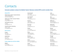 67Global Powers of Consumer Products 2015
Contacts
Global (DTTL)
Global Industry Leader, Consumer Business
Antoine de Riedmatten
aderiedmatten@deloitte.fr
Global Sector Leader, Consumer Products
Jack Ringquist
jringquist@deloitte.com
Chief Global Economist
Ira Kalish
ikalish@deloitte.com
Consumer Business Marketing
Kathryn Cordes
kcordes@deloitte.com
North America
Canada
Ryan Brain
rbrain@deloitte.ca
United States
Pat Conroy
Deloitte LLP
pconroy@deloitte.com
Europe, Middle East and Africa (EMEA)
Belgium
Eric Desomer
edesomer@deloitte.com
Consumer products contacts for Deloitte Touche Tohmatsu Limited (DTTL) and its member firms
Central Europe
Aaron Martin
aamartin@deloittece.com
Czech Republic
Martin Tesař
mtesar@deloittece.com
Denmark
Jesper Povlsen
jepovlsen@deloitte.dk
East Africa
John Kiarie
jkiarie@deloitte.co.ke
Finland
Jussi Sairanen
jussi.sairanen@deloitte.fi
France
Stéphane Rimbeuf
srimbeuf@deloitte.fr
Germany
Karsten Hollasch
khollasch@deloitte.de
Greece
Dimitris Koutsopoulos
dkoutsopoulos@deloitte.gr
Ireland
Kevin Sheehan
kesheehan@deloitte.ie
Israel
Israel Nakel
inakel@deloitte.co.il
Italy
Dario Righetti
drighetti@deloitte.it
Middle East
Herve Ballantyne
hballantyne@deloitte.com
Netherlands
Erik Nanninga
enanninga@deloitte.nl
Norway
Jonathan Farnell
jfarnell@deloitte.no
Poland
Dariusz Kraszewski
dkraszewski@deloittece.com
Portugal
Luís Belo
lbelo@deloitte.pt
Russia/CIS
Egor Metelkin
emetelkin@deloitte.ru
South Africa
Andre Dennis
adennis@deloitte.co.za
 