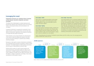 7Global Powers of Consumer Products 2015
Leveraging the crowd
Empowered consumers are a significant driver of growth,
as their behavior intensifies competition and drives
innovation
The ability of like-minded people to compare experiences and
promote their collective voice has become a force in the consumer
market, moving beyond reviews and recommendations into
co-creation.
Companies are learning to incorporate the contributions of indi-
vidual consumers, as well as communities, into their value chain.
Many are using sensors, digital data, and smartphone interactions
to innovate with their products and services.
Some companies, such as Lego and Quirky, are using the power
of the crowd to help them develop their products, and others
such as Coca-Cola are drawing on customer input to develop
marketing campaigns.
Businesses can take specific consumer characteristics and behavior
and contextualize them with data on thousands or millions of other
individuals. This enables designers to deliver products and services
that are unique or closely tailored to consumer needs.
Deloitte calls this creation of unique customer products and
services derived from crowd-based insights the “billion-to-one”
phenomenon, or B2ONE, experience. As depicted below, the con-
sumer’s experience is brought into each stage of the process, from
the ideation, to design, to production, and, finally, to the commer-
cial production of the product or service.
Case study—LEGO
Lego Cuusoo is a crowdsourcing platform where people
post their Lego creations. If the creation gets ore than
10,000 supporters, Lego will commercialise it and the
creator will receive royalties.6
Case study—Quirky
At consumer products manufacturer Quirky, customers can
pitch design ideas for new products and, through voting
directly, influence what the company makes and sells. The
result: hundreds of useful, one-of-a-kind products, ranging
from a smart air conditioner to a citrus spritzer.
Case study—Coca Cola
Coca-Cola launched its first TV commercial created with user gen-
erated content. The advert, aired during the final episode of Amer-
ican Idol, was produced by Wieden + Kennedy. It features content
generated by a competition that challenged teenagers to submit
short video clips “sharing what it feels like when they take a sip of
Coke.” Forty clips were selected from over 400 clips and include
content from consumers from different countries. The campaign is
an example of how comsumer businesses are increasingly turning
to consumers to co-create not only products and services but also
marketing communications and creative content.2
Source: A billion to one: The crowd gets personal, Deloitte University Press, January 26, 2015
Input
Customers contribute
personal data, which
influence the design
and delivery process
as well as their
ongoing customer
experiences.
Customers actively
shape products and
services to meet
individual needs
through cocreation
and leveraging input
from the crowd
through crowdsourcing
platforms.
Customers are
the end users
of products and
services that have
been personalized
to optimize their
experience.
New production
techniques, such
as microtasking,
coproduction,
and distributed
manufacturing,
incorporate customers
needs and utilize the
skills of customers
directly into the process.
Design Production
Customer
experience
Customer
experience
Customer
experience Outputs
B2ONE experience
Source: The growing power of consumers, The Deloitte Consumer Review, July 2014; A billion to one: The crowd gets personal,
Deloitte University Press, January 26, 2015
 