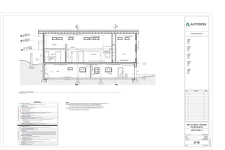 LEVEL3-
MEZZANINE AND
ATTIC
17' - 11"
Level 4 W.
CLERESTORY
23' - 8 1/2"
Level 5 E.
CLERESTORY
26' - 11"
2
A13
1
A13
1a
2a
2a
1a1b1a
1" / 1'-0"
2b
2a2b
6'-8"
8'-0"
8'-21/2"
B1.1 GLULAM BEAM- SEE PLAN B1.2 GLULAM BEAM- SEE PLAN B1.3 GLULAM BEAM- SEE PLAN
MNFR. SLOPING FLAT TRUSS SYST. PER ENGINEER/ PER PLAN
SHOP
GARAGE
MEZZANINE
OFFICE
MECH.
ROOM
LIVING ROOM
SUNROOM
BEDROOM
---
-3
A15
---
-
---
-2
A15
1
A15
EXPOSED BEAMS AND COLUMNS
BUILT IN LEDGE
ENERHEAT IFP45
2 STAGE HEATING
SYST./ FIREPLACE
W.H.
VAULTED CEILING VAULTED CEILING
VAULTED CEILING
4' GRAVEL
5" CONCRETE SLAB
SLATE TILES ON JOIST SYSTEM PER PLAN-
WOOL CARPET
ON JOIST
SYSTEM PER
PLAN SLATE TILES ON JOIST
SYSTEM PER PLAN-
www.autodesk.com/revit
Scale
Project number
Date
Drawn by
Checked by
Consultant
Address
Address
Phone
Fax
e-mail
Consultant
Address
Address
Phone
Fax
e-mail
Consultant
Address
Address
Phone
Fax
e-mail
Consultant
Address
Address
Phone
Fax
e-mail
Consultant
Address
Address
Phone
Fax
e-mail
1/4" = 1'-0"
2/27/20163:45:03PM
A14
SECTION 3
ARCH 201-9
MR. & MRS. ADAMS
RESIDENCE
12/07/15
M.BERG
P. GRAMLICH
No. Description Date
1/4" = 1'-0"
3
Section 3 LONGITUDINAL
NOTES:
• ROOF SYSTEM: METAL ROOF ON R-38 RIGID INS. ON VAPOR RETARDER AND PLYWOOD SHEATHING
ON SLOPING FLAT MNFR. TRUSS @ 24" O.C WITH CAVITY FILLED WITH BATT INSULATION
• ROOF TOTAL R-VALUE = 55 (R-25 RIGID INSULATION PLUS R-30 BATT INSULATION)
• WALL TYPE 1A: DURISOL WITH 3" ROCKWOOL INSULATION AND FILLED WITH CONCRETE.
STUCCO EXTERIOR FINISH AND PAINTED GYPSUMN BOARD INTERIOR. TOATL R-VALUE= 21
• WALL TYPE 1B: SEE DETAIL 2/A15: TOTAL R-VALUE=
 