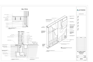2X12 DFL #2
BI.3 GLULAM BEAM
PER FRAMING PLAN
2X4 BLOCKING
1/2" GYP. BOARD
JOIST HANGER BRACKET
2X10 JOIST PER FRAMING PLAN
SUBFLOOR
SLATE OR TILE FINISHING
VAPOR RETARDER
WALL TYPE 2b
1'-0"
3"MIN.
TYP.
DURISOL BLOCK 24" X 12" X 12"
2X4 BLOCKING
1 1/2 " AIR SPACE
2X4 BLOCKING
NATURAL STONE VENEER PANEL
STEEL ANGLE PER ENGINEER
FLASHING
REBAR PER ENGINEER
TRENCH DRAIN
TURFSTONE CONCRETE
PERMEABLE PAVERS BY BELGARD
SAND
UNDISTURBED SOIL
24"X12" CONTINUOUS FOOTING
R15 RIGID INSUL. @ STEM WALL
R15 RIGID INSUL. 2'-0" MIN.
UNDER ALL SLAB PERIMETER
DENOTES CAULK OR CONSTRUCTION
ADHESIVE. SEAL ALL JOINTS TO
CREATE AIR BARRIER. TYP.
4" CRUSHED STONE MIN.
REBAR PER ENGINEER
4" REINFORCED CONCRETE SLAB
4" PERF. DRAINPIPE, CONNECT TO
APPROVED DRAIN SYSTEM
1 1/2" (MINUS) DRAIN ROCK TYP. FILTER FABRIC AS REQ.
VAPOR BARRIER OVER FLASHING
1/2" GYP. BOARD
WALL TYPE 1b
ROCKWOOL MINERAL FIBER INSULATION
2' - 0"
1" / 1'-0"
(2) 2X8
1/2" GYP BOARD @
INTERIOR WALL FACE
(2) 2X8 DOUBLE STUD
MIN. REQ'D @ HOLDOWN
LOCATION OR PROVIDE
SOLID POST WHERE
REQ'D ON SHEAR WALL
SCHEDULE
HOLDOWNS MUST
OCCUR AT BOTH
ENDS OF SHEAR
WALL WHEN
REQUIRED PER
ENGINEER
2X8
5/8" PLYWOOD SHEATHING
HOLDOWN AS NOTED ON PLAN
LOCATE AT WALL ENDS
(2) 2X8 DOUBLE STUD MIN.
REQ'D @ HOLDOWN
LOCATION OR PROVIDE
SOLID POST WHERE REQ'D
ON SHEAR WALL
SCHEDULE
2X4 STAGGERED STUDS
@ 24" O.C.
ANCHOR BOLTS PER SHEAR WALL SCHEDULE
STAGGERED NAILING AT PANEL JOINT -
PROVIDE SOLID 3X STUD WHERE
REQUIRED ON SHEAR WALL SCHEDULE
NOTES:
- SHEAR WALL SCHEDULE PER ENGINEER: SEE STRUCTURAL SHEETS
- WALL TOTAL INSULATION: R-35
FIELD NAILING 6" O.C.
VAPOR BARRIER- OVERLAP
1" EPS RIGID INSULATION R-
5 ON ALL EXTERIOR WALL
AT MAIN LEVEL EXCEPT
NORTH WALL ABOVE
GARAGE, WHICH HAS 4"
EPS RIGID BOARD (R-20)
WALL CAVITY FILLED W/ (2) R-15 BATT INSULATION -
TOTAL CAVITY INSULATION: R-30
3/8" THICK FURRING STRIPS
@ 24" O.C.
WATERPROOF BLDG. WRAP
OVER FURRING STRIPS
5/8" PLYWOOD SHEATHING
6" CEDAR LAP SIDING:
SEAL ALL VERTICAL SEAMS
RABBET AT BOTTOM OF SIDING
FORMS DRIP AT BOTTOM EDGE
www.autodesk.com/revit
Scale
Project number
Date
Drawn by
Checked by
Consultant
Address
Address
Phone
Fax
e-mail
Consultant
Address
Address
Phone
Fax
e-mail
Consultant
Address
Address
Phone
Fax
e-mail
Consultant
Address
Address
Phone
Fax
e-mail
Consultant
Address
Address
Phone
Fax
e-mail
As indicated
2/27/20163:45:04PM
A15
DETAILS
ARCH 201-9
MR. & MRS. ADAMS
RESIDENCE
12/07/15
M.BERG
P.GRAMLICH
No. Description Date
1 1/2" = 1'-0"
1
BEAM B.1.3 CONNECTION AT DOOR
HEADER AND WALL TYPE 2b
1 1/2" = 1'-0"
2
FOUNDATION AT GARAGE DOOR
1" = 1'-0"
3
WALL TYPE 2a -STAGGERED WALL AT
SHEAR WALL
 