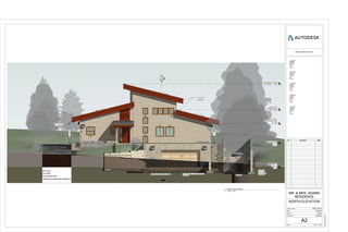 BASEMENT-
LEVEL1
0' - 0"
MAIN LEVEL-2
9' - 11"
LEVEL3-
MEZZANINE AND
ATTIC
17' - 11"
Level 4 W.
CLERESTORY
23' - 8 1/2"
HIEGHEST ROOF
34' - 5 1/2"
3
A14
3" / 1'-0"
3" / 1'-0"
3" / 1'-0"
5050
56
31
45
56
9
6
56
TURFSTONE PAVERS
@ SLOPPED DRIVEWAY
(1 1/8"/1'-0")
ADA ACCESS
ADA ACCESS
CLADDED RETAINING WALL PER ENGINEER
2a
1a
2a
(3) 1X10 FASCIA
BOARD
ALL AROUND
T.O.P. @
T.O.P. @
T.O.P.
NATURAL LOCAL STONE VENEER
METAL PANEL - LIGHT GRAY
WOOD PANEL
PAINTED TO
MATCH DOOR/
FASCIA
10
(3) 1X10 FASCIA
ALL AROUND
8'-0"T.O.P.
T.O.P.
8'-0"
6" CEDAR LAPBOARD
CISTERN BEYOND
RETAINING
WALL PER
STRUCTURAL
ENGINEER
RETAINING WALL PER STRUCTURAL
ENGINEER
WALL TYPES :
1a - DURISOL
2a- STAGGERED STUDS
SEE DETAILS FOR ADDITIONAL INFORMATION
BIOSWALE
2b
1b
www.autodesk.com/revit
Scale
Project number
Date
Drawn by
Checked by
Consultant
Address
Address
Phone
Fax
e-mail
Consultant
Address
Address
Phone
Fax
e-mail
Consultant
Address
Address
Phone
Fax
e-mail
Consultant
Address
Address
Phone
Fax
e-mail
Consultant
Address
Address
Phone
Fax
e-mail
1/4" = 1'-0"
2/27/20163:44:43PM
A2
NORTH ELEVATION
ARCH 201-9
MR. & MRS. ADAMS
RESIDENCE
12/07/15
Author
Checker
No. Description Date
1/4" = 1'-0"
1
NORTH ELEVATION
 