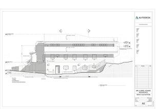 BASEMENT-
LEVEL1
0' - 0"
MAIN LEVEL-2
9' - 11"
Level 4 W.
CLERESTORY
23' - 8 1/2"
Level 5 E.
CLERESTORY
26' - 11"
HIEGHEST ROOF
34' - 5 1/2"
SW CURB LEVEL
2' - 9"
2
A13
1
A13
(3) 1X10 FASCIA BOARD
ALL AROUND
2a2a
2a
1a
STUCCO
6" CEDAR LAPBOARD
6" CEDAR LAPBOARD
METAL PANELS - LIGHT GRAY
METAL PANELS - LIGHT GRAY
32
51
49
51
52
51
49
50
69
52
32
13
52 52 52 52 52 52 52 52
72
3"/1'-0"3"/1'-0"
3 1/4" / 1'-0"
4 1/8" / 1'-0"
T.O.P.
1" / 1'-0"
TURFSTONE DRIVEWAY
TRENCH DRAIN
PERFORATED PIPE BELLOW BIOSWALE SURFACE
PERMEABLE PAVERS WALKWAY
5"X5" BEVELED GUTTER- AND DOWN SPOUT
ANT.BRONZE FINISHING
BIOSWALE
PET DOOR
7
7'-01/2"
T.O.P.
14'-9"
8X8 TIMBER COLUMN
3"/1'-0"
3"/1'-0"
WALL TYPES :
1a - DURISOL
2a- STAGGERED STUDS
SEE DETAILS FOR ADDITIONAL INFORMATION
RETAINING WALLS FOOTING
www.autodesk.com/revit
Scale
Project number
Date
Drawn by
Checked by
Consultant
Address
Address
Phone
Fax
e-mail
Consultant
Address
Address
Phone
Fax
e-mail
Consultant
Address
Address
Phone
Fax
e-mail
Consultant
Address
Address
Phone
Fax
e-mail
Consultant
Address
Address
Phone
Fax
e-mail
1/4" = 1'-0"
2/27/20163:44:58PM
A5
WEST ELEVATION
ARCH 201-9
MR. & MRS. ADAMS
RESIDENCE
12/07/15
M.BERG
P.GRAMLICH
No. Description Date
1/4" = 1'-0"
1
WEST ELEVATION
 