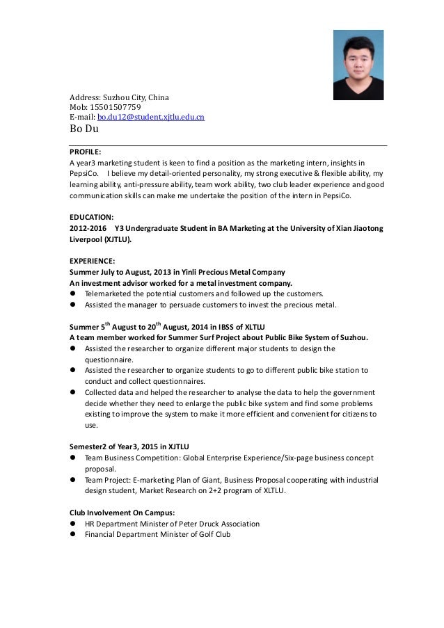 cv of marketing intern insights in pepsico cv for marketing internship