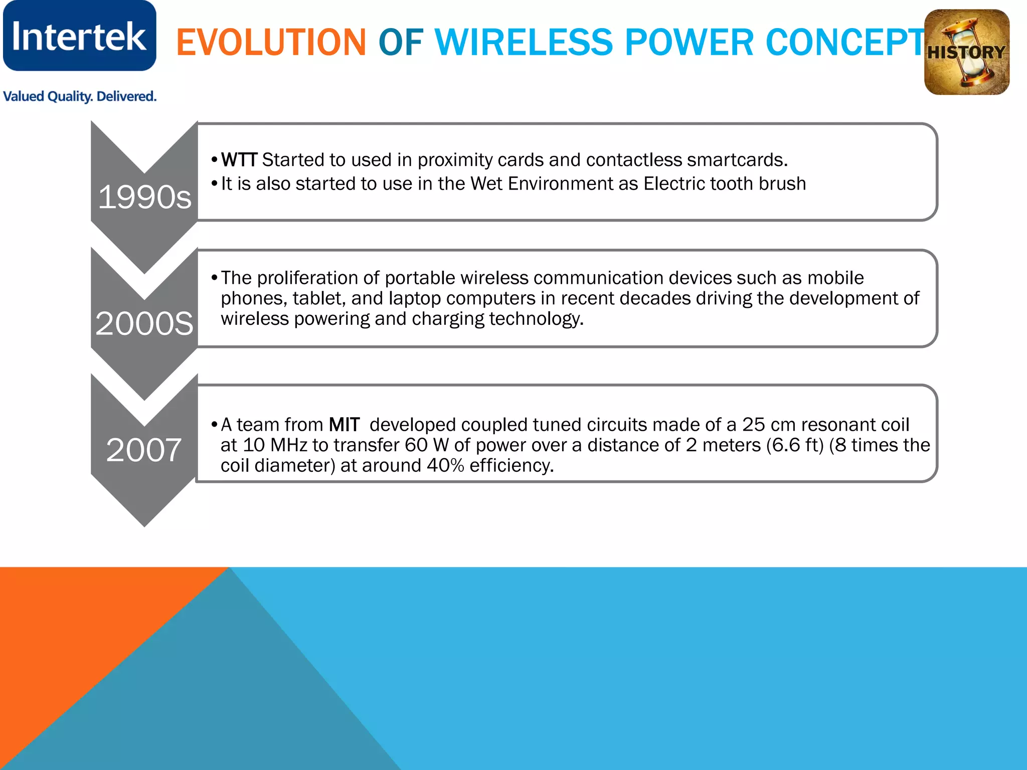 EVOLUTION OF WIRELESS POWER CONCEPT
1990s
•WTT Started to used in proximity cards and contactless smartcards.
•It is also started to use in the Wet Environment as Electric tooth brush
2000S
•The proliferation of portable wireless communication devices such as mobile
phones, tablet, and laptop computers in recent decades driving the development of
wireless powering and charging technology.
2007
•A team from MIT developed coupled tuned circuits made of a 25 cm resonant coil
at 10 MHz to transfer 60 W of power over a distance of 2 meters (6.6 ft) (8 times the
coil diameter) at around 40% efficiency.
 