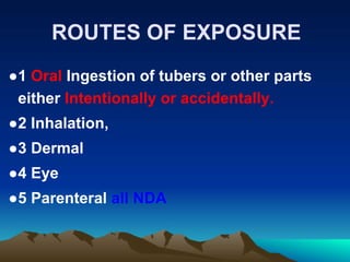 ROUTES OF EXPOSURE
●1 Oral Ingestion of tubers or other parts
either Intentionally or accidentally.
●2 Inhalation,
●3 Dermal
●4 Eye
●5 Parenteral all NDA
 