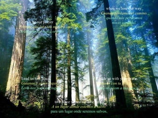 Let this be our prayer Permite que ésta sea nuestra oración Deixa isso ser nossa oração when we lose our way . Cuando perdamos el camino. quando nós perdermos nosso caminho. Lead us to a place. Guíanos a algún lugar Leva-nos para um lugar. Guide us with your grace. Guíanos con tu gracia Guia-nos com a tua graça. to a place where we'll be safe.   A un lugar donde estemos a salvo. para um lugar onde seremos salvos. 