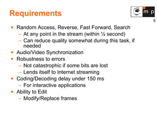 Requirements Random Access, Reverse, Fast Forward, Search At any point in the stream (within ½ second) Can reduce quality somewhat during this task, if needed Audio/Video Synchronization Robustness to errors Not catastrophic if some bits are lost Lends itself to Internet streaming Coding/Decoding delay under 150 ms For interactive applications Ability to Edit Modify/Replace frames  