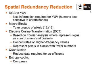 Spatial Redundancy Reduction RGB to YUV  less information required for YUV (humans less sensitive to chrominance) Macro Blocks Take groups of pixels (16x16) Discrete Cosine Transformation (DCT) Based on Fourier analysis where represent signal as sum of sine's and cosine’s Concentrates on higher-frequency values Represent pixels in blocks with fewer numbers Quantization Reduce data required for co-efficients Entropy coding Compress 