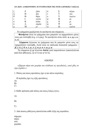 123. ΚΩΝ. Α.ΟΙΚΟΝΟΜΟΥ: Η ΓΡΑΜΜΑΤΙΚΗ ΤΗΣ ΝΕΟΕΛΛΗΝΙΚΗΣ ΓΛΩΣΣΑΣ
ζ Ζ ζήτα σ Σ σίγμα
η Η ήτα τ Τ ταυ
θ Θ θήτα υ Υ ύψιλον
ι Ι γιώτα φ Φ φι
κ Κ κάπα χ Χ χι
λ Λ λάμδα ψ Ψ ψι
μ Μ μι ω Ω ωμέγα
Τα γράμματα χωρίζονται σε φωνήεντα και σύμφωνα.
Φωνήεντα είναι τα γράμματα που μπορούν να σχηματίσουν μόνα
τους μια συλλαβή (π.χ. α-έ-ρας). Τα φωνήεντα είναι επτά: α, ε, η, ι, ο,
υ, ω.
Σύμφωνα λέγονται τα γράμματα που δε μπορούν μόνα τους να
σχηματίσουν συλλαβή. Αυτά είναι τα υπόλοιπα δεκαεπτά γράμματα :
β, γ, δ, ζ, θ, κ, λ, μ, ,ν, ξ, π, ρ, σ, τ, φ, χ, ψ.
Τα σύμφωνα ξ, ψ λέγονται διπλά γιατί παριστάνουν (αποτελούνται
από) δυο φθόγγους. (ξ=κ+σ και ψ=π+σ).
ΑΣΚΗΣΗ
«Σήμερα πήγα στο χωράφι και κλάδεψα τις αμυγδαλιές, γιατί χθες το
είχα ξεχάσει.»
1. Πόσες και ποιες προτάσεις έχει η πιο πάνω περίοδος;
Η περίοδος έχει τις εξής προτάσεις:
Α)
Β)
Γ)
2. Κάθε πρόταση από πόσες και ποιες λέξεις έγινε;
Α)
Β)
Γ)
3. Από ποιους φθόγγους αποτελείται κάθε λέξη της περιόδου;
σήμερα:
πήγα:
στο:
χωράφι:
 