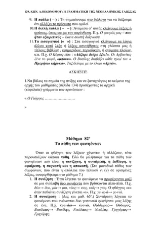 129. ΚΩΝ. Α.ΟΙΚΟΝΟΜΟΥ: Η ΓΡΑΜΜΑΤΙΚΗ ΤΗΣ ΝΕΟΕΛΛΗΝΙΚΗΣ ΓΛΩΣΣΑΣ
9. Η παύλα ( – ) : Τη σημειώνουμε στο διάλογο για να δείξουμε
ότι αλλάζει το πρόσωπο που ομιλεί.
10.Η διπλή παύλα ( – – ) :Ανάμεσα σ’ αυτές κλείνουμε λέξεις ή
φράσεις, όπως και με την παρένθεση. Π.χ. Ο γιατρός μας – που
ήταν εξαιρετικός – έκανε σωστή διάγνωση.
11.Τα εισαγωγικά (« ») : Στα εισαγωγικά κλείνουμε τα λόγια
άλλου κατά λέξη ή λέξεις ασυνήθιστες στη γλώσσα μας ή
τίτλους βιβλίων , εφημερίδων, περιοδικών, ή ονόματα πλοίων,
κ.α. Π.χ. Ο Κύριος είπε : «Λάζαρε δεύρο έξω!». Οι Αρβανίτες
λένε το ψωμί, «μπουκ». Ο Βασίλης διαβάζει κάθε πρωί τον «
Ημερήσιο κήρυκα». Ταξιδεύαμε με το πλοίο «Αργώ».
ΑΣΚΗΣΕΙΣ
1.Να βάλεις τα σημεία της στίξης και να ξαναγράψεις το κείμενο της
αρχής του μαθήματος (σελίδα 134) προσέχοντας τα αρχικά
(κεφαλαία) γράμματα των προτάσεων :
« Ο Γιώργος ……………………
»
Μάθημα 82ο
Τα πάθη των φωνηέντων
Όταν οι φθόγγοι των λέξεων χάνονται ή αλλάζουν, τότε
παρουσιάζουν κάποια πάθη. Εδώ θα μιλήσουμε για τα πάθη των
φωνηέντων που είναι η συνίζηση, η συναίρεση, η έκθλιψη, η
αφαίρεση, η συγκοπή και η αποκοπή. (Στο μοναδικό πάθος των
συμφώνων, που είναι η απώλεια του τελικού νι (ν) σε ορισμένες
λέξεις, αναφερθήκαμε στο μάθημα 7.)
1. Η συνίζηση : Έτσι λέγεται το φαινόμενο να προφέρονται μαζί
σε μια συλλαβή δυο φωνήεντα που βρίσκονται πλάι-πλάι. Π.χ.
δύο→ δυο, μία→ μια, νέος→ νιος, υιός→ γιος. Ο φθόγγος «ε»
όταν παθαίνει συνίζηση γίνεται «ι». Π.χ. γε-νε-ά→ γε-νιά.
2. Η συναίρεση : (Δες και μαθ. 65ο
.) Συναίρεση λέγεται το
φαινόμενο που ενώνονται δυο γειτονικά φωνήεντα μιας λέξης
σε ένα. Π.χ. κουνάω→ κουνώ, Θεόδωρος→ Θόδωρος,
Βασίλειος→ Βασίλης, Νικόλαος→ Νικόλας, Γρηγόριος→
Γρηγόρης.
 