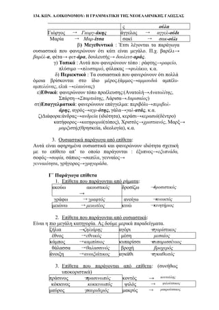 134. ΚΩΝ. Α.ΟΙΚΟΝΟΜΟΥ: Η ΓΡΑΜΜΑΤΙΚΗ ΤΗΣ ΝΕΟΕΛΛΗΝΙΚΗΣ ΓΛΩΣΣΑΣ
ς ούλα
Γιώργος → Γιωργ-άκης άγγελος → αγγελ-ούδι
Μαρία → Μαρ-ίτσα σακί → σακ-ούλι
β) Μεγεθυντικά : Έτσι λέγονται τα παράγωγα
ουσιαστικά που φανερώνουν ότι κάτι είναι μεγάλο. Π.χ. βαρέλι→
βαρέλ-α, φέτα→ φετ-άρα, δουλευτής→ δουλευτ-αράς.
γ) Τοπικά : Αυτά που φανερώνουν τόπο : ράφτης→ραφείο,
πλύσιμο →πλυσταριό, φύλακας →φυλάκιο, κ.α.
δ) Περιεκτικά : Τα ουσιαστικά που φανερώνουν ότι πολλά
όμοια βρίσκονται στο ίδιο μέρος.(άμμος→αμμουδιά αμπέλι-
αμπελώνας, ελιά →ελαιώνας)
ε)Εθνικά: φανερώνουν τόπο προέλευσης:(Ανατολή→Ανατολίτης,
Σπάρτη→Σπαρτιάτης, Λάρισα→Λαρισαίος)
στ)Επαγγελματικά: φανερώνουν επάγγελμα: περιβόλι→περιβολ-
άρης, αγρός→αγρ-ότης, γάλα→γαλ-ατάς, κ.α.
ζ)Διάφορα:άνδρας→ανδρεία (ιδιότητα), κεράσι→κερασιά(δέντρο)
κατήφορος→κατηφοριά(τόπος), Χριστός→χριστιανός, Μαρξ→
μαρξιστής(θρησκεία, ιδεολογία), κ.α.
3. Ουσιαστικά παράγωγα από επίθετα:
Αυτά είναι αφηρημένα ουσιαστικά και φανερώνουν ιδιότητα σχετική
με το επίθετο απ’ το οποίο παράγονται : έξυπνος→εξυπνάδα,
σοφός→σοφία, σάπιος→σαπίλα, γενναίος→
γενναιότητα, γρήγορος→γρηγοράδα.
Γ΄ Παράγωγα επίθετα
1. Επίθετα που παράγονται από ρήματα:
ακούω
→
ακουστικός δροσίζω →δροσιστικός
γράφω → γραφτός ανοίγω →ανοικτός
μειώνω → μειωτέος κινώ →κινητήριος
2. Επίθετα που παράγονται από ουσιαστικά:
Είναι η πιο μεγάλη κατηγορία. Ας δούμε μερικά παραδείγματα.
ζήλια →ζηλιάρης αγόρι →αγορίστικος
έθνος →εθνικός μέση μεσαίος
κάμπος →καμπίσιος κυπαρίσσι →κυπαρισσένιος
θάλασσα →θαλασσινός βροχή βροχερός
άνοιξη →ανοιξιάτικος αγκάθι →αγκαθωτός
3. Επίθετα που παράγονται από επίθετα: (συνήθως
υποκοριστικά)
πράσινος →πρασινωπός κοντός → κοντούλης
κόκκινος κοκκινωπός ψιλός → ψιλούτσικος
μαύρος →μαυριδερός μακρύς → μακρούτσικος
 