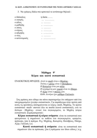 14. ΚΩΝ. Α.ΟΙΚΟΝΟΜΟΥ: Η ΓΡΑΜΜΑΤΙΚΗ ΤΗΣ ΝΕΟΕΛΛΗΝΙΚΗΣ ΓΛΩΣΣΑΣ
3. Να γράψεις δίπλα στο αρσενικό το αντίστοιχο θηλυκό :
ο δάσκαλος η δασκ…….
ο γιατρός … …………
ο φίλος .. ………
ο μαθητής .. …………
ο γάτος .. ………
ο κύριος .. ………..
ο αδερφός .. ………….
ο νέος .. ………
ο αστυνομικός .. …………….
Μάθημα 9ο
Κύρια και κοινά ουσιαστικά
ΕΝΔΕΙΚΤΙΚΕΣ ΦΡΑΣΕΙΣ :Αυτό το παιδί είναι ο Μιχάλης .
Τούτος ο μήνας είναι ο Οκτώβριος .
Η Κατερίνη είναι μια πόλη .
Η αγαπημένη μου γιορτή είναι το Πάσχα .
Ο Αζόρ είναι ο σκύλος μου.
Κάθε Δευτέρα έχω μάθημα Γαλλικών.
Στις φράσεις που είδαμε πιο πάνω παρατηρούμε ότι υπάρχουν από ένα
υπογραμμισμένο ζευγάρι ουσιαστικών. Για παράδειγμα στην πρώτη από
αυτές τις προτάσεις επισημαίνονται οι λέξεις: παιδί, Μιχάλης. Το πρώτο
ουσιαστικό -παιδί- υπονοεί όλα τα παιδιά (κοινό ουσιαστικό), ενώ το
δεύτερο –Μιχάλης– εννοεί ένα συγκεκριμένο, το Μιχάλη (κύριο
ουσιαστικό). Συμπερασματικά :
Κύρια ουσιαστικά ή κύρια ονόματα: είναι τα ουσιαστικά που
φανερώνουν ή σημαίνουν το καθένα ένα συγκεκριμένο, ορισμένο,
πρόσωπο, ζώο ή πράγμα. Π.χ. Μιχάλης, Κατερίνη, Οκτώβριος, Πάσχα,
Αζόρ, Γαλλικά, κ.α.
Κοινά ουσιαστικά ή ονόματα: είναι τα ουσιαστικά που
σημαίνουν όλα τα πρόσωπα, ζώα ή πράγματα του ίδιου είδους ( π.χ.
 