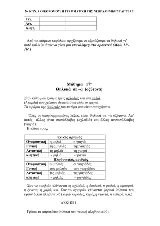 26. ΚΩΝ. Α.ΟΙΚΟΝΟΜΟΥ: Η ΓΡΑΜΜΑΤΙΚΗ ΤΗΣ ΝΕΟΕΛΛΗΝΙΚΗΣ ΓΛΩΣΣΑΣ
Γεν.
Αιτ.
Κλητ.
Από το επόμενο κεφάλαιο αρχίζουμε να εξετάζουμε τα θηλυκά γι’
αυτό καλό θα ήταν να γίνει μια επανάληψη στα αρσενικά (Μαθ. 11ο
-
16ο
)
Μάθημα 17ο
Θηλυκά σε –α (οξύτονα)
Στον κήπο μου έχουμε τρεις αχλαδιές και μια μηλιά.
Η καρδιά μου χτύπησε δυνατά όταν είδα τη γιαγιά.
Το ωράριο της δουλειάς του πατέρα μου είναι συνεχόμενο.
Όλες οι υπογραμμισμένες λέξεις είναι θηλυκά σε –α οξύτονα. Απ’
αυτές άλλες είναι ισοσύλλαβες (αχλαδιά) και άλλες ανισοσύλλαβες
(γιαγιά).
Η κλίση τους;
Ενικός αριθμός
Ονομαστική η μηλιά η γιαγιά
Γενική της μηλιάς της γιαγιάς
Αιτιατική τη μηλιά τη γιαγιά
κλητική - μηλιά - γιαγιά
Πληθυντικός αριθμός
Ονομαστική οι μηλιές οι γιαγιάδες
Γενική των μηλιών των γιαγιάδων
Αιτιατική τις μηλιές τις γιαγιάδες
κλητική - μηλιές - γιαγιάδες
Σαν το «μηλιά» κλίνονται :η αχλαδιά, η δουλειά, η φωλιά, η ομορφιά,
η ξενιτιά, η χαρά, κ.α. Σαν το «γιαγιά» κλίνονται μερικά θηλυκά που
έχουν διπλό πληθυντικό (κυρά- κυράδες, κυρές,η νταντά, η πεθερά, κ.α.)
ΑΣΚΗΣΗ
Γράψε τα παρακάτω θηλυκά στη γενική πληθυντικού :
 