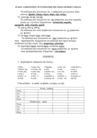 45. ΚΩΝ. Α.ΟΙΚΟΝΟΜΟΥ: Η ΓΡΑΜΜΑΤΙΚΗ ΤΗΣ ΝΕΟΕΛΛΗΝΙΚΗΣ ΓΛΩΣΣΑΣ
Τα ουδέτερα που τελειώνουν σε –ι γράφονται με ι (γιώτα). Εξαι-
ρούνται :βράδυ, δάκρυ, δίχτυ, δόρυ, οξύ, στάχυ.
13. γρασ-ίδι, απ-ίδι, ταξ-ίδι.
Τα ουδέτερα που τελειώνουν σε –ίδι γράφονται ,και στην παραλή-
γουσα, με ι (γιώτα). Εξαιρούνται : αντικλείδι, καρύδι,
κρεμμύδι, μύδι, στρείδι, φρύδι.
14. μέρ-η, δάσ-η, πάθ-η.
Τα ουδέτερα που στον πληθυντικό τελειώνουν σε –η γράφονται
με η (ήτα).
15. πο-τήρι, τρεχαν-τήρι, πατη-τήρι.
Τα ουδέτερα που τελειώνουν σε –τήρι γράφονται με η (ήτα)
στην παραλήγουσα. Εξαιρούνται τα ουδέτερα που έχουν δεύτερο
συνθετικό τη λέξη «τυρί». Π.χ. ψωμοτύρι, γαλοτύρι.
16. παρατηρη-τήριο, κρατη-τήριο, ανταλλακ-τήριο.
Τα ουδέτερα που τελειώνουν σε -τήριο γράφονται με η (ήτα)
στην προπαραλήγουσα. Εξαιρείται : «το κτίριο»
ΑΣΚΗΣΕΙΣ
1. Συμπλήρωσε γράμματα και τόνους :
ο Νασ… ο ηγεμ..νας ο δημαρχ… ο καν..νας ο πολεμιστ..ς
ο Ηπειρ..της ο συνωμ..της η φυλ.. το φιλ.. ο φιλ..ς
ο κλητ..ρας ο μαρτ..ρας ο αμπελ..νας ο αι..νας το φύλλ..
ο τοιχ..ς το τειχ.. τα τειχ.. η τύχ.. η φωτ..α
η δουλ…α η σοδ…α η απελπισ..α η καλοσ..ν.. το ψωμοτ..ρ..
τα λαθ.. το μυδ.. η μαγείρ..σα η Λαρ…σα η β..δα
2.Να κλιθούν : το παιδί, το βράδυ, το δίχτυ, το οξύ.
Ενικός αριθμός
Ονομ.
Γεν.
Αιτ.
Κλητ.
Πληθυντικός αριθμ
Ονομ.
Γεν.
Αιτ.
Κλητ.
 