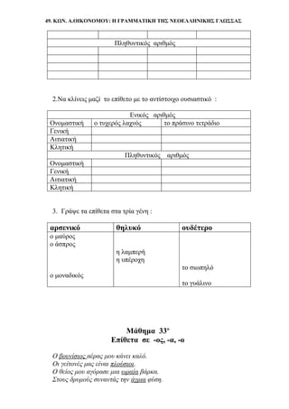 49. ΚΩΝ. Α.ΟΙΚΟΝΟΜΟΥ: Η ΓΡΑΜΜΑΤΙΚΗ ΤΗΣ ΝΕΟΕΛΛΗΝΙΚΗΣ ΓΛΩΣΣΑΣ
Πληθυντικός αριθμός
2.Να κλίνεις μαζί το επίθετο με το αντίστοιχο ουσιαστικό :
Ενικός αριθμός
Ονομαστική o τυχερός λαχνός το πράσινο τετράδιο
Γενική
Αιτιατική
Κλητική
Πληθυντικός αριθμός
Ονομαστική
Γενική
Αιτιατική
Κλητική
3. Γράψε τα επίθετα στα τρία γένη :
αρσενικό θηλυκό ουδέτερο
ο μαύρος
ο άσπρος
η λαμπερή
η υπέροχη
το σιωπηλό
ο μοναδικός
το γυάλινο
Μάθημα 33ο
Επίθετα σε -ος, -α, -ο
Ο βουνίσιος αέρας μου κάνει καλό.
Οι γείτονές μας είναι πλούσιοι.
Ο θείος μου αγόρασε μια ωραία βάρκα.
Στους δρυμούς συναντάς την άγρια φύση.
 