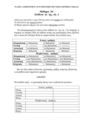 53. ΚΩΝ. Α.ΟΙΚΟΝΟΜΟΥ: Η ΓΡΑΜΜΑΤΙΚΗ ΤΗΣ ΝΕΟΕΛΛΗΝΙΚΗΣ ΓΛΩΣΣΑΣ
Μάθημα 36ο
Επίθετα σε –ής, -ιά, -ί
Δίπλα μου περνούσε ο κυρ-Γιάννης πάνω στο σταχτί του γαϊδουράκι.
Το παντελόνι είχε κανελί χρώμα.
Η Μαρία φόρεσε σήμερα την καινούρια θαλασσιά φούστα.
Οι υπογραμμισμένες λέξεις είναι επίθετα σε –ής, ιά, -ί (ο σταχτής, η
σταχτιά, το σταχτί). Όλα τα επίθετα αυτής της κατηγορίας είναι οξύτονα
και ο τόνος δεν αλλάζει θέση σε καμιά πτώση. Να η κλίση τους :
Ενικός αριθμός
Ονομαστική ο θαλασσής η θαλασσιά το θαλασσί
Γενική -- ---------- της θαλασσιάς -- ----------
Αιτιατική το θαλασσή τη θαλασσιά το θαλασσί
Κλητική - θαλασσή - θαλασσιά - θαλασσί
Πληθυντικός αριθμός
Ονομαστική οι θαλασσιοί οι θαλασσιές τα θαλασσιά
Γενική των θαλασσιών των θαλασσιών των θαλασσιών
Αιτιατική τους θαλασσιούς τις θαλασσιές τα θαλασσιά
Κλητική - θαλασσιοί - θαλασσιές - θαλασσιά
Με τον ίδιο τρόπο κλίνονται :χρυσαφής, μαβής, καφετής, βυσσινής,
κ.α.(επίθετα που σημαίνουν χρώμα).
ΑΣΚΗΣΗ
Να κλιθούν μαζί : «ο χρυσαφής ήλιος» και «η βυσσινιά φούστα» .
Ενικός αριθμός
Ονομ.
Γενική
Αιτιατ.
Κλητ.
Πληθυντικός αριθμός
Ονομ.
Γενική
Αιτιατ.
Κλητ.
 