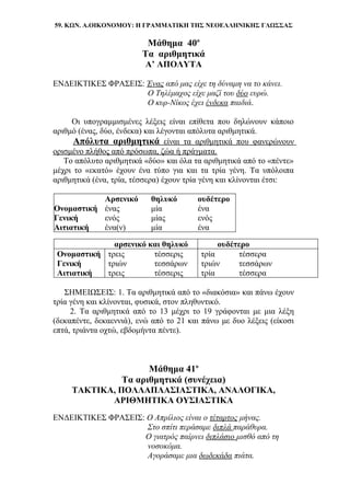 59. ΚΩΝ. Α.ΟΙΚΟΝΟΜΟΥ: Η ΓΡΑΜΜΑΤΙΚΗ ΤΗΣ ΝΕΟΕΛΛΗΝΙΚΗΣ ΓΛΩΣΣΑΣ
Μάθημα 40ο
Τα αριθμητικά
Α’ ΑΠΟΛΥΤΑ
ΕΝΔΕΙΚΤΙΚΕΣ ΦΡΑΣΕΙΣ: Ένας από μας είχε τη δύναμη να το κάνει.
Ο Τηλέμαχος είχε μαζί του δύο ευρώ.
Ο κυρ-Νίκος έχει ένδεκα παιδιά.
Οι υπογραμμισμένες λέξεις είναι επίθετα που δηλώνουν κάποιο
αριθμό (ένας, δύο, ένδεκα) και λέγονται απόλυτα αριθμητικά.
Απόλυτα αριθμητικά είναι τα αριθμητικά που φανερώνουν
ορισμένο πλήθος από πρόσωπα, ζώα ή πράγματα.
Το απόλυτο αριθμητικά «δύο» και όλα τα αριθμητικά από το «πέντε»
μέχρι το «εκατό» έχουν ένα τύπο για και τα τρία γένη. Τα υπόλοιπα
αριθμητικά (ένα, τρία, τέσσερα) έχουν τρία γένη και κλίνονται έτσι:
Αρσενικό θηλυκό ουδέτερο
Ονομαστική ένας μία ένα
Γενική ενός μίας ενός
Αιτιατική ένα(ν) μία ένα
αρσενικό και θηλυκό ουδέτερο
Ονομαστική τρεις τέσσερις τρία τέσσερα
Γενική τριών τεσσάρων τριών τεσσάρων
Αιτιατική τρεις τέσσερις τρία τέσσερα
ΣΗΜΕΙΩΣΕΙΣ: 1. Τα αριθμητικά από το «διακόσια» και πάνω έχουν
τρία γένη και κλίνονται, φυσικά, στον πληθυντικό.
2. Τα αριθμητικά από το 13 μέχρι το 19 γράφονται με μια λέξη
(δεκαπέντε, δεκαεννιά), ενώ από το 21 και πάνω με δυο λέξεις (είκοσι
επτά, τριάντα οχτώ, εβδομήντα πέντε).
Μάθημα 41ο
Τα αριθμητικά (συνέχεια)
ΤΑΚΤΙΚΑ, ΠΟΛΛΑΠΛΑΣΙΑΣΤΙΚΑ, ΑΝΑΛΟΓΙΚΑ,
ΑΡΙΘΜΗΤΙΚΑ ΟΥΣΙΑΣΤΙΚΑ
ΕΝΔΕΙΚΤΙΚΕΣ ΦΡΑΣΕΙΣ: Ο Απρίλιος είναι ο τέταρτος μήνας.
Στο σπίτι περάσαμε διπλά παράθυρα.
Ο γιατρός παίρνει διπλάσιο μισθό από τη
νοσοκόμα.
Αγοράσαμε μια δωδεκάδα πιάτα.
 